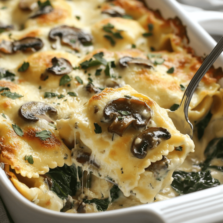 Cheesy Mushroom Ravioli Casserole with Spinach